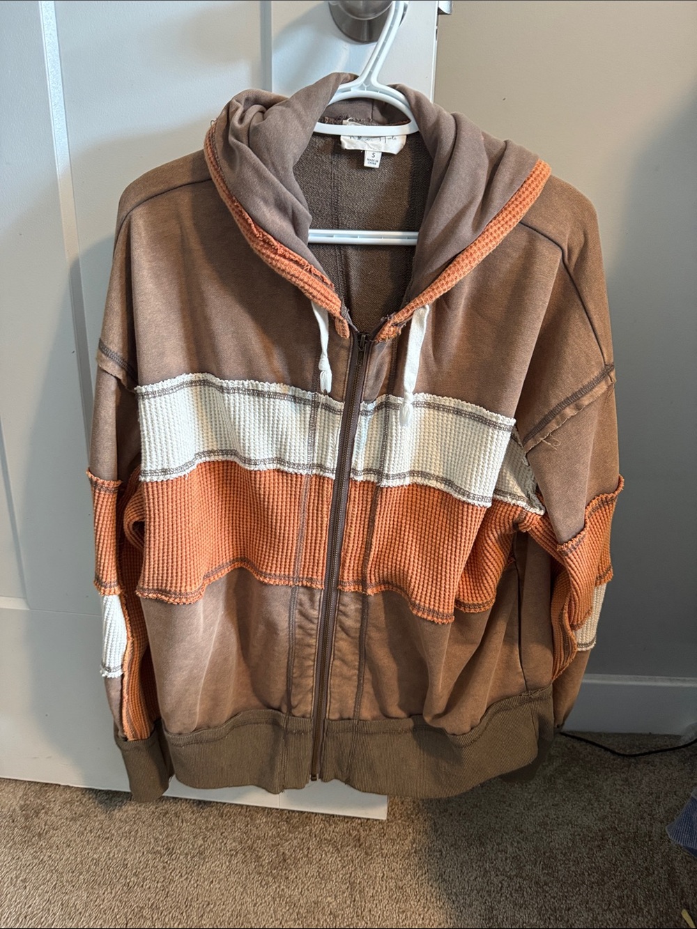 Oli & Hali Brown Hooded Bomber Jacket with Orange & Cream Stripes
